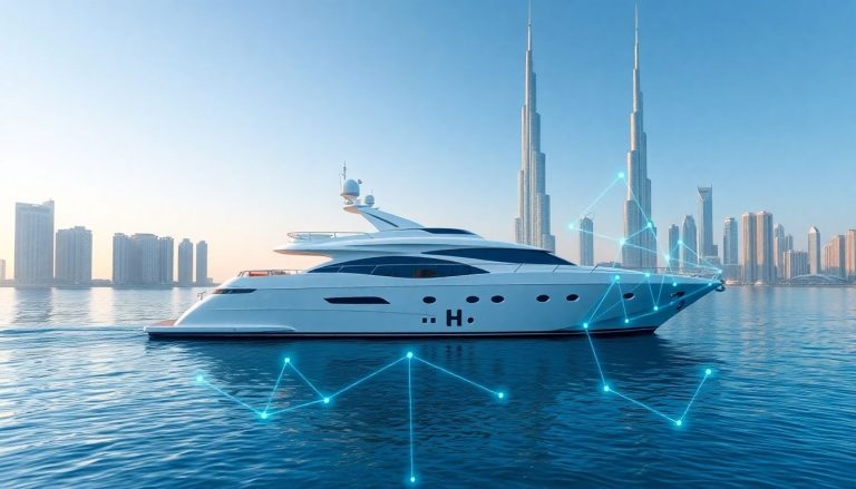 A luxury yacht in Dubai with glowing digital AI effects.