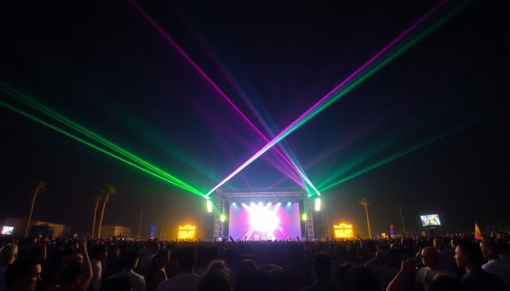 Lively crowd, vibrant stage lights, outdoor music festival