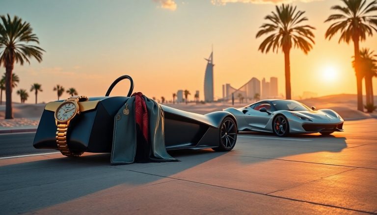 Luxury watch, designer handbag, sports car in Gulf skyline sunset
