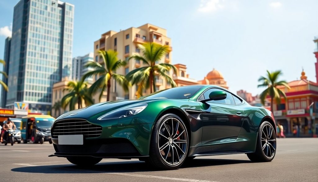 A sleek, dark green Aston Martin on a bustling street.