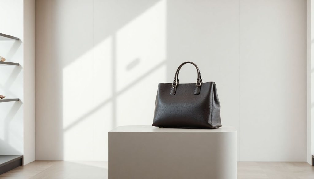A luxury handbag displayed in a modern, sunlit boutique.