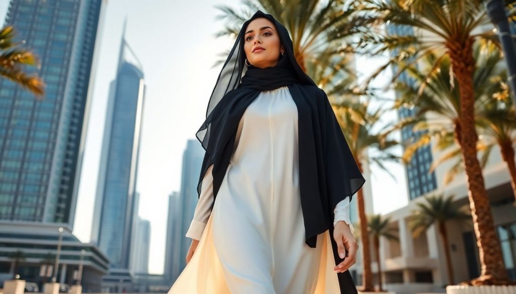 Woman in elegant abaya walking in modern Dubai