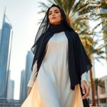 Woman in elegant abaya walking in modern Dubai