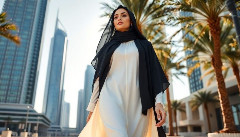 Woman in elegant abaya walking in modern Dubai