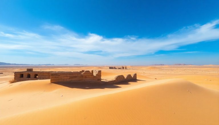 Desert landscape with ancient ruins, clear sky.