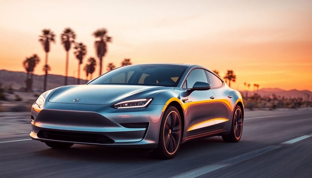 Electric car in UAE desert at sunset.