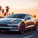 Electric car in UAE desert at sunset.