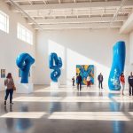 Modern art sculptures in a bright gallery.