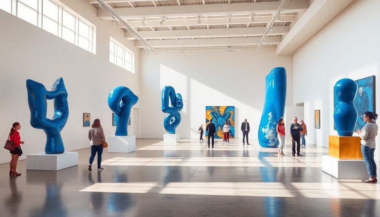 Modern art sculptures in a bright gallery.