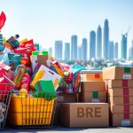 Baskets, packages, shopping, UAE skyline