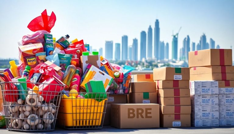 Baskets, packages, shopping, UAE skyline