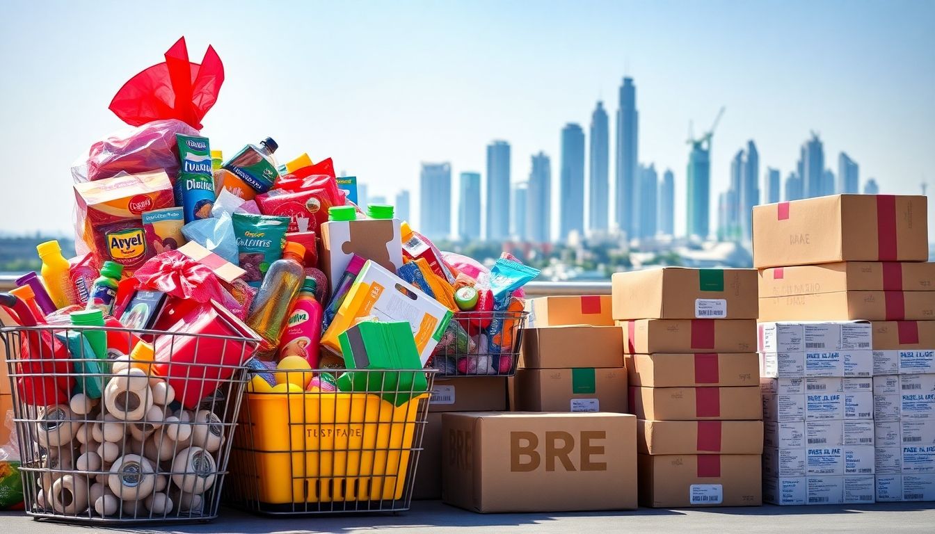 Baskets, packages, shopping, UAE skyline