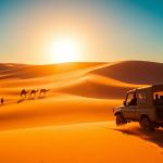 Desert safari dunes and camel caravan