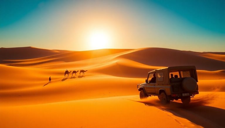 Desert safari dunes and camel caravan