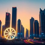 Futuristic cityscape with film reels and a camera lens.