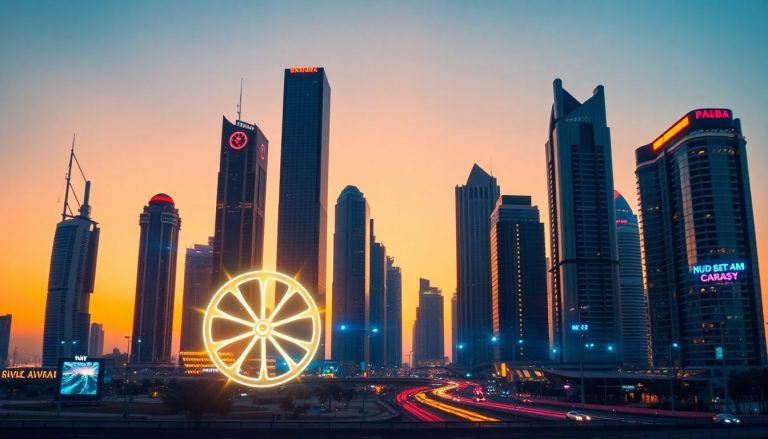 Futuristic cityscape with film reels and a camera lens.