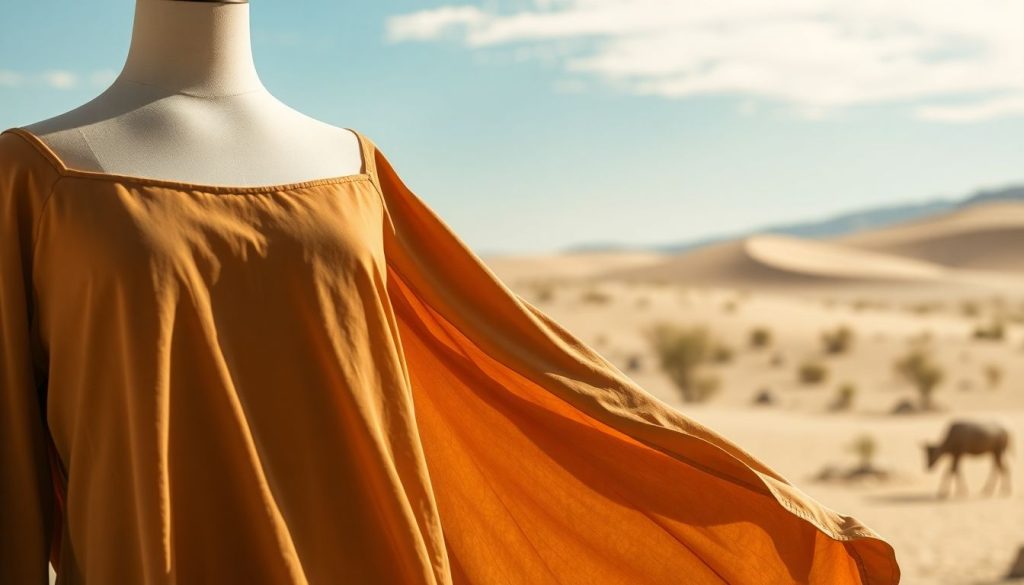 Mannequin wearing flowing, eco-friendly dress in desert landscape