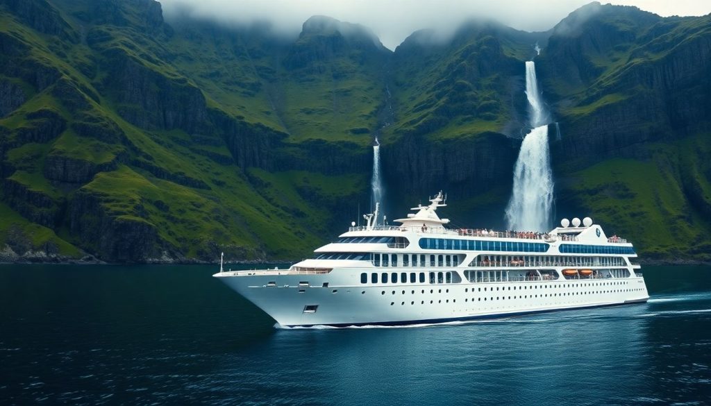 A luxury cruise ship sailing through a majestic Icelandic fjord.