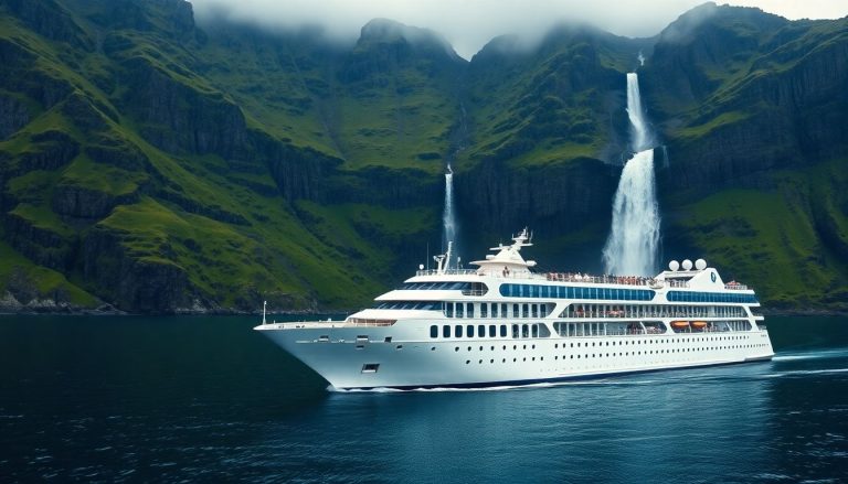 A luxury cruise ship sailing through a majestic Icelandic fjord.