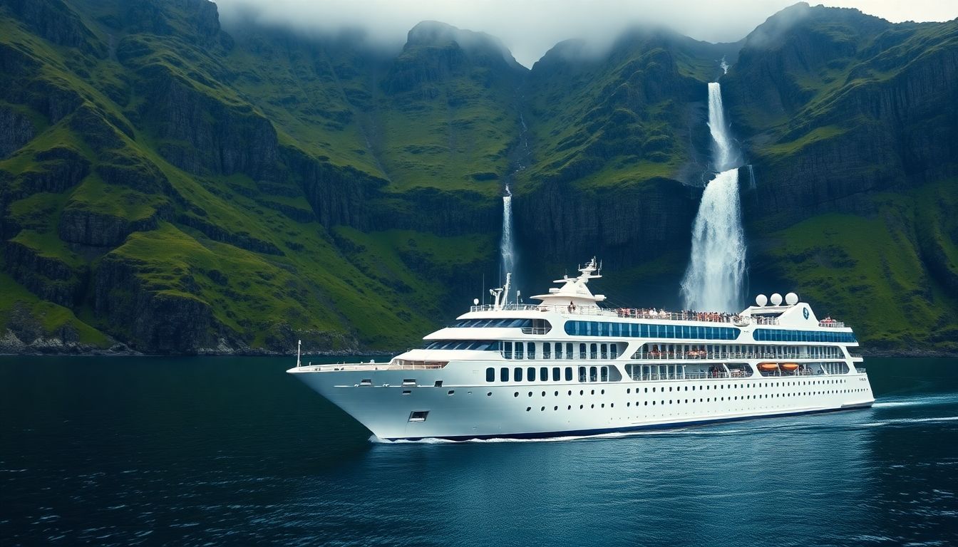 A luxury cruise ship sailing through a majestic Icelandic fjord.