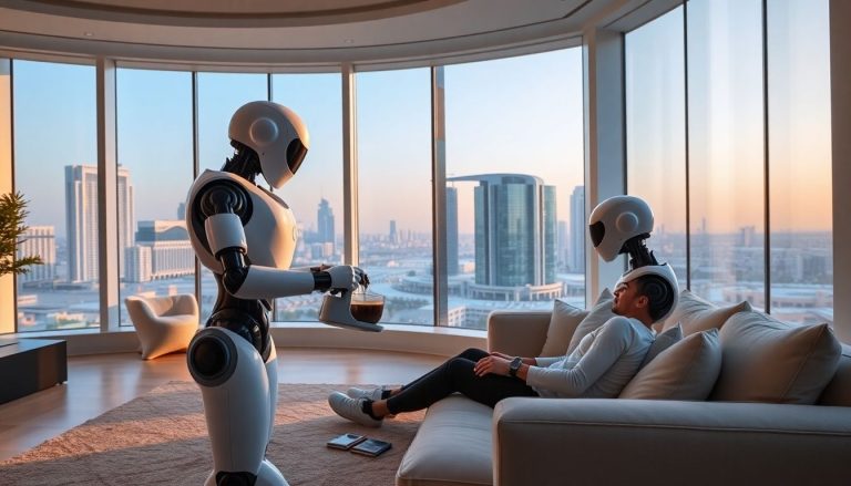 Robots assisting people in modern UAE homes.