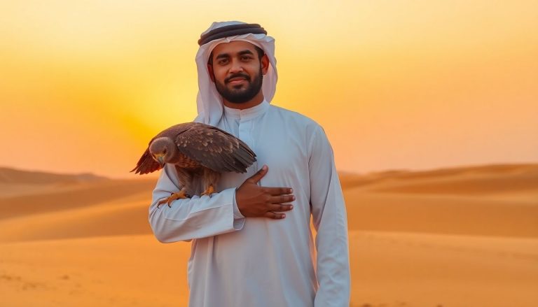 Man in traditional Emirati dress, falcon on arm, desert