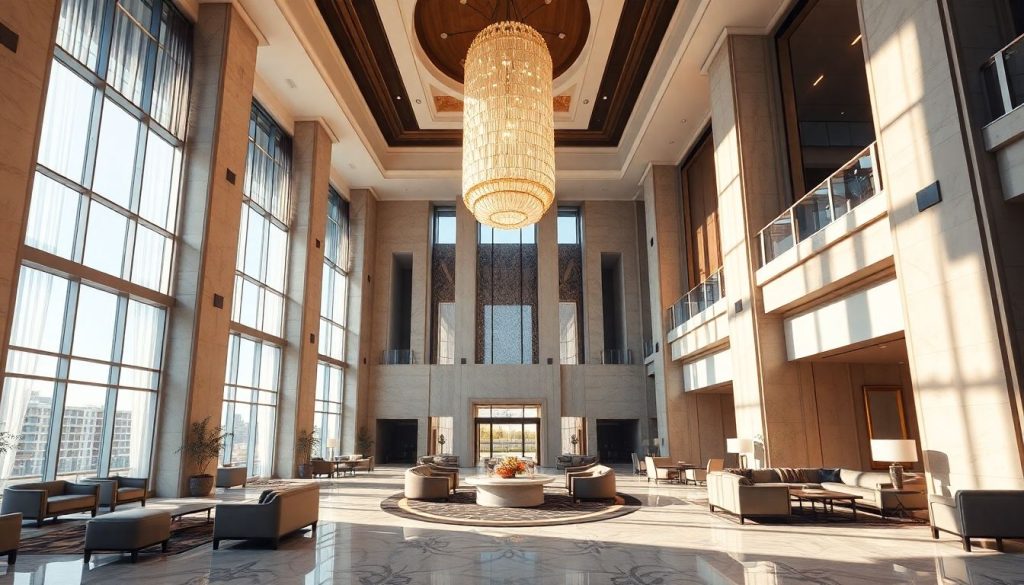 A grand, modern luxury hotel lobby with high ceilings.