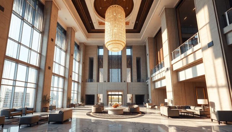 A grand, modern luxury hotel lobby with high ceilings.