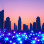 Futuristic Dubai skyline, vibrant tech glow.