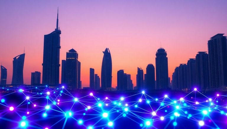 Futuristic Dubai skyline, vibrant tech glow.