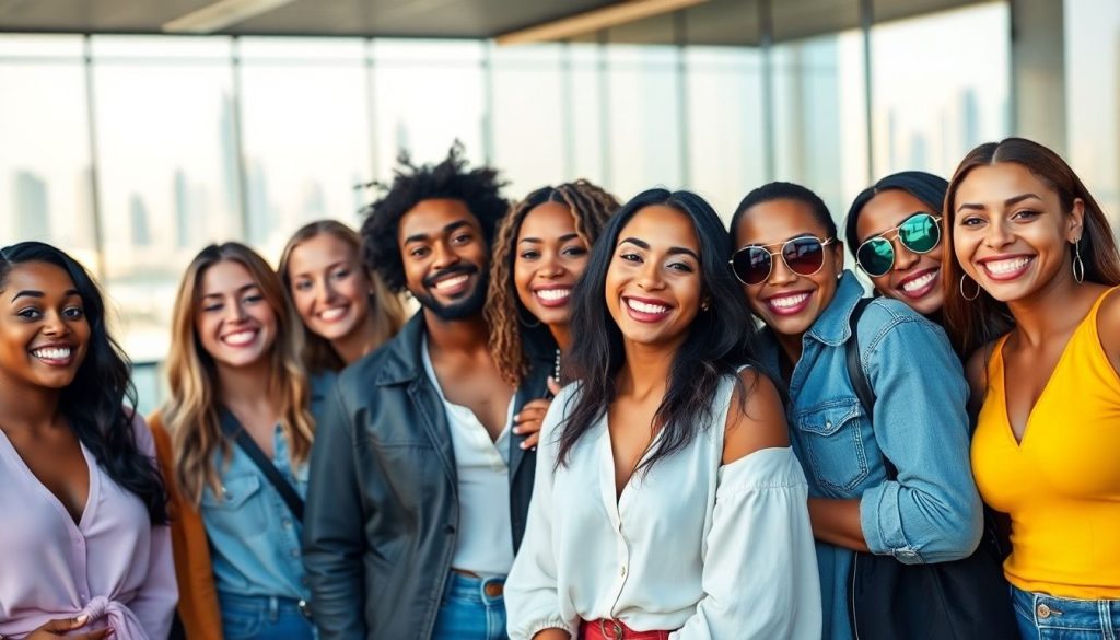 Influencer smiling, Dubai skyline background