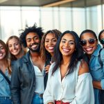 Influencer smiling, Dubai skyline background