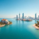 Palm Jumeirah villas and Dubai skyline view.