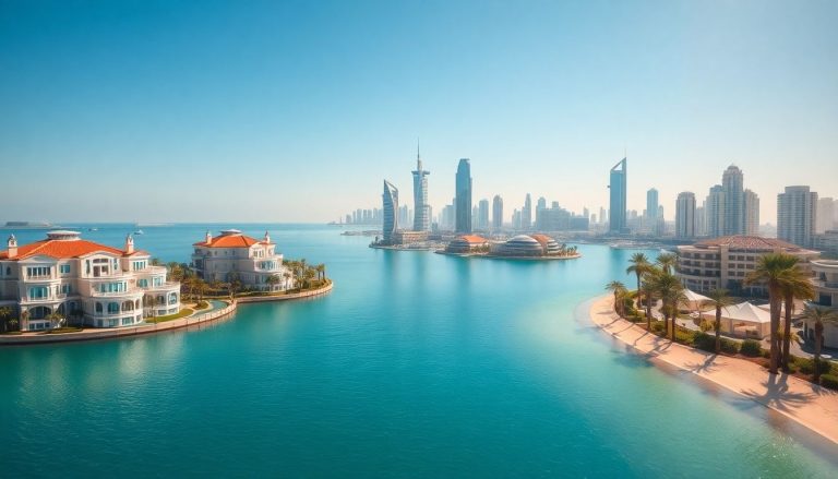 Palm Jumeirah villas and Dubai skyline view.