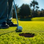 Golf course, golfer, putter, golf ball, hole