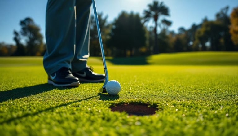 Golf course, golfer, putter, golf ball, hole