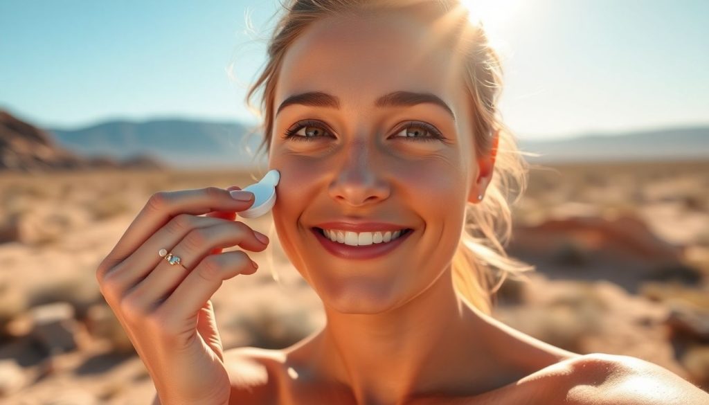 Woman applying moisturizer, arid landscape background.