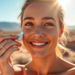 Woman applying moisturizer, arid landscape background.