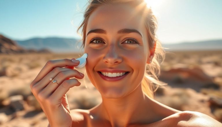 Woman applying moisturizer, arid landscape background.