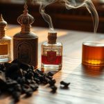 Ornate perfume bottles and oud chips on a wooden surface.