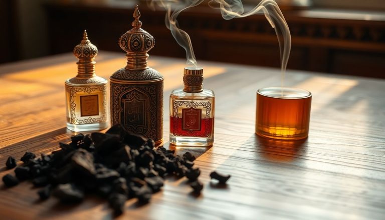 Ornate perfume bottles and oud chips on a wooden surface.