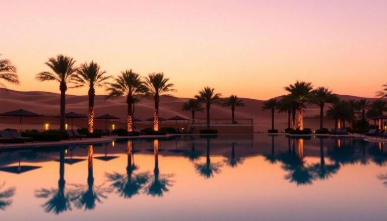 Luxury resort pool, UAE desert at sunset