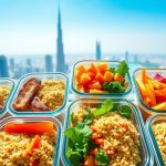 Healthy meal prep containers with UAE skyline