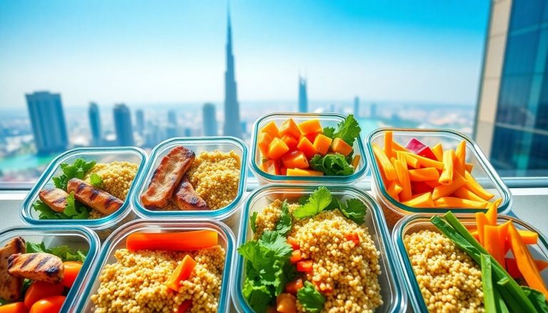 Healthy meal prep containers with UAE skyline