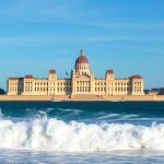 Parliament building, ocean waves