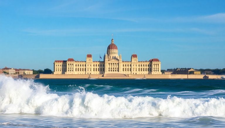 Parliament building, ocean waves