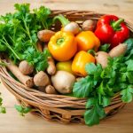 Fresh organic vegetables in a rustic basket.