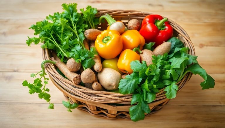 Fresh organic vegetables in a rustic basket.