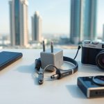 Traveler's gadgets, Dubai skyline background