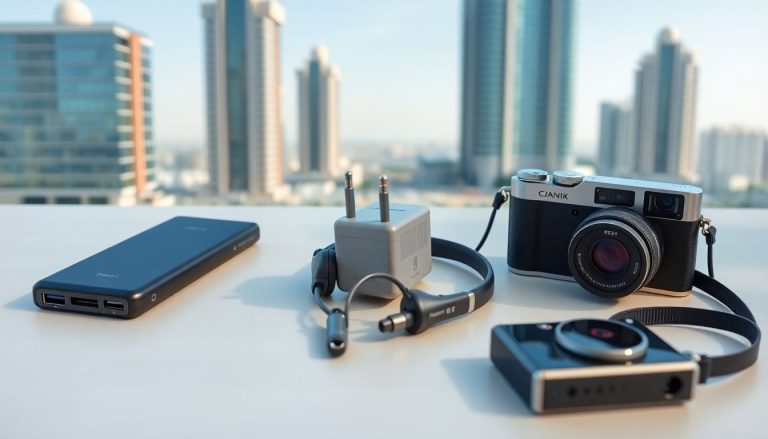 Traveler's gadgets, Dubai skyline background